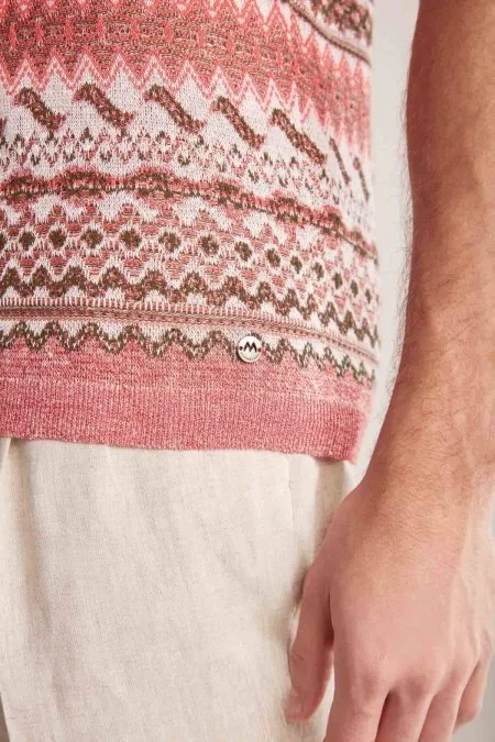 Keten Pamuk Karışım Etnik Desen Haki-Bordo Triko Polo