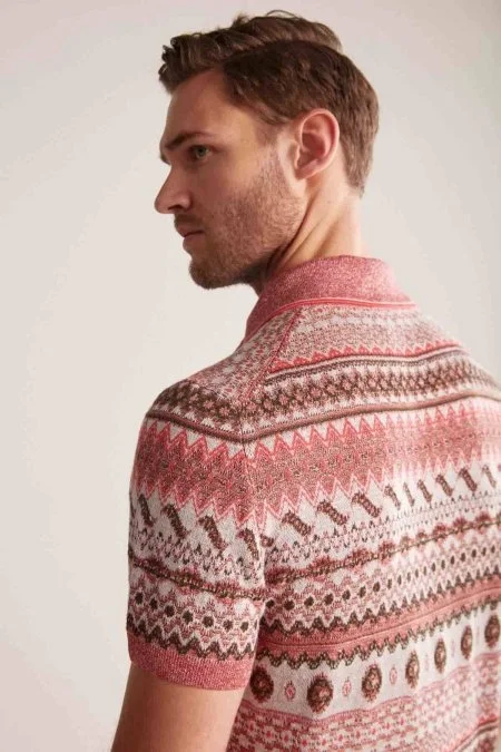 Keten Pamuk Karışım Etnik Desen Haki-Bordo Triko Polo