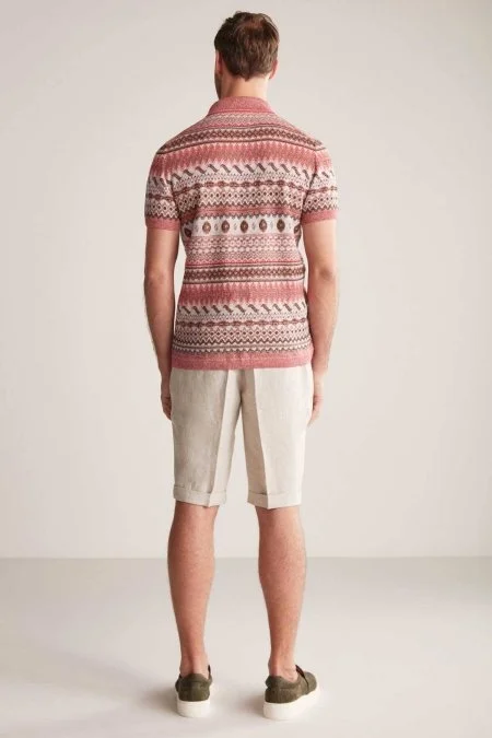 Keten Pamuk Karışım Etnik Desen Haki-Bordo Triko Polo