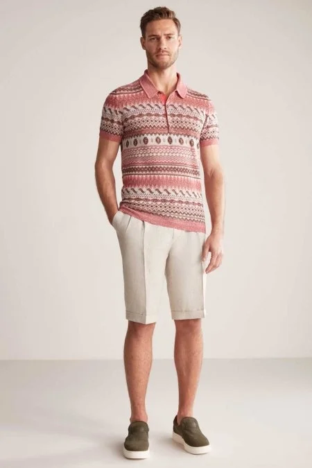 Keten Pamuk Karışım Etnik Desen Haki-Bordo Triko Polo