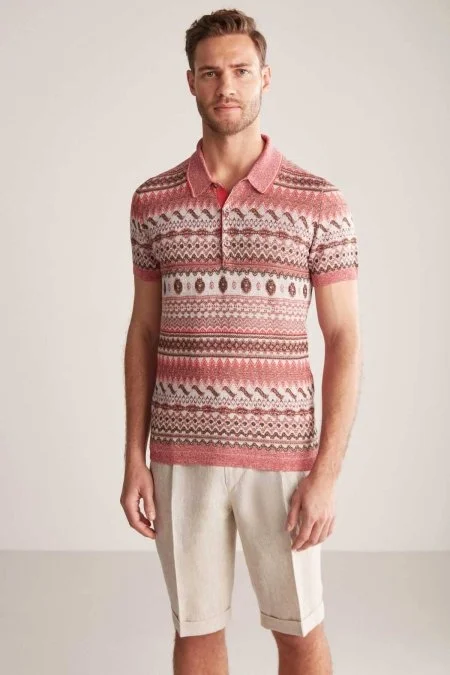 Keten Pamuk Karışım Etnik Desen Haki-Bordo Triko Polo