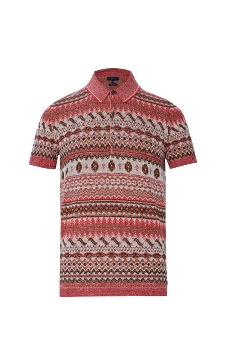 Keten Pamuk Karışım Etnik Desen Haki-Bordo Triko Polo