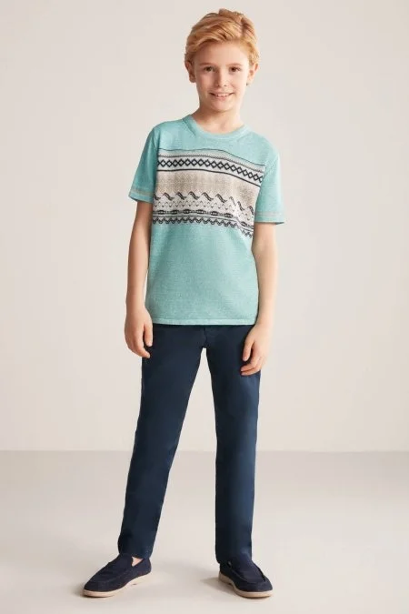 Keten Pamuk Karışım Etnik Desen Mavi Çocuk Triko T-Shirt