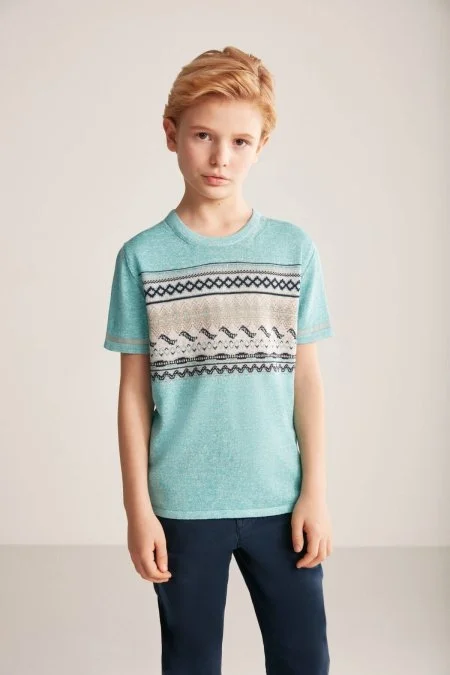 Keten Pamuk Karışım Etnik Desen Mavi Çocuk Triko T-Shirt