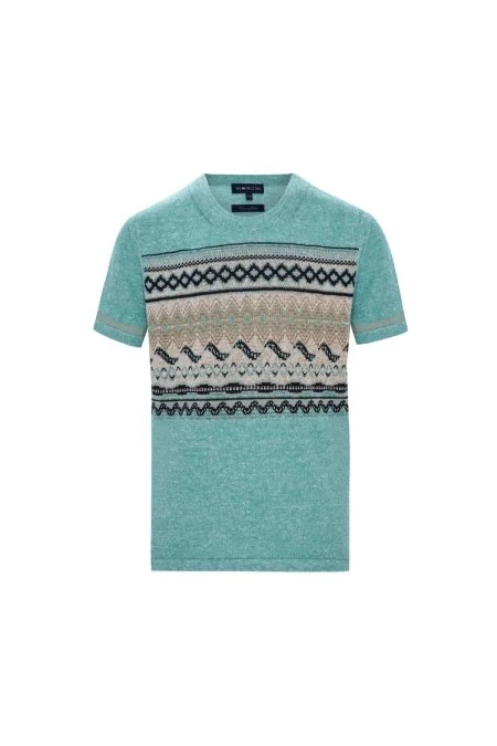 Keten Pamuk Karışım Etnik Desen Mavi Çocuk Triko T-Shirt