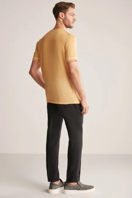 Keten Pamuk Karışım Etnik Desen Sarı Triko T-Shirt