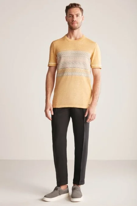 Keten Pamuk Karışım Etnik Desen Sarı Triko T-Shirt