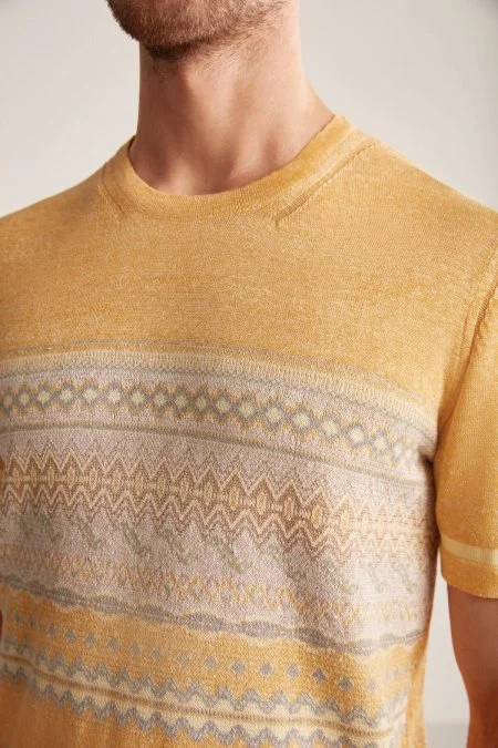 Keten Pamuk Karışım Etnik Desen Sarı Triko T-Shirt