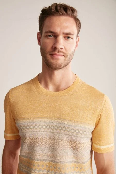 Keten Pamuk Karışım Etnik Desen Sarı Triko T-Shirt