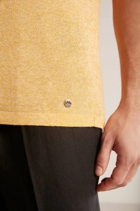 Keten Pamuk Karışım Etnik Desen Sarı Triko T-Shirt