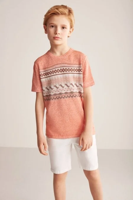 Keten Pamuk Karışım Etnik Desen Turuncu Çocuk Triko T-Shirt