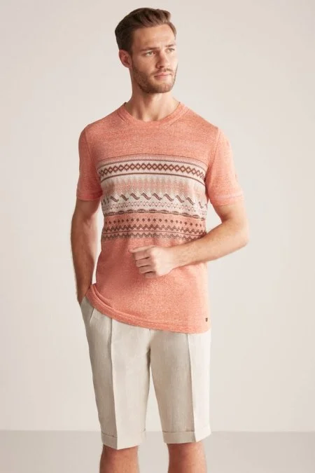 Keten Pamuk Karışım Etnik Desen Turuncu Triko T-Shirt