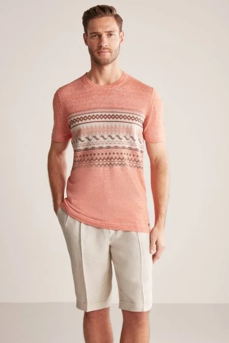 Keten Pamuk Karışım Etnik Desen Turuncu Triko T-Shirt