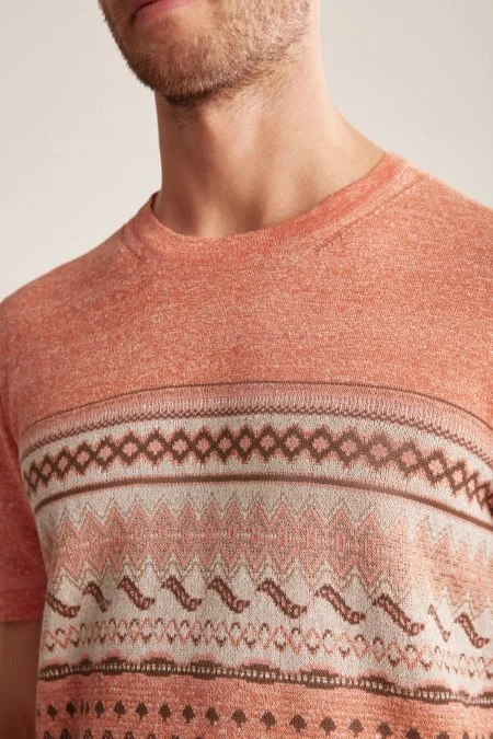 Keten Pamuk Karışım Etnik Desen Turuncu Triko T-Shirt