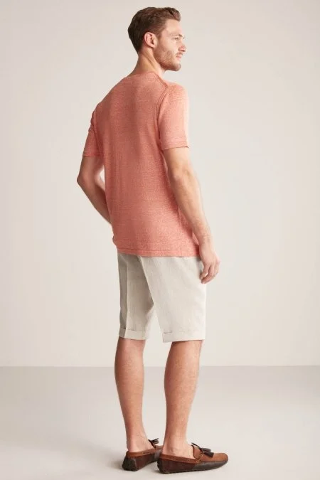 Keten Pamuk Karışım Etnik Desen Turuncu Triko T-Shirt