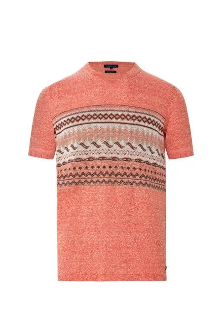 Keten Pamuk Karışım Etnik Desen Turuncu Triko T-Shirt