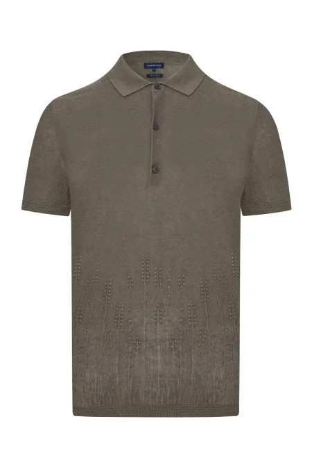 Keten Pamuk Karışım Haki Desen Triko Polo