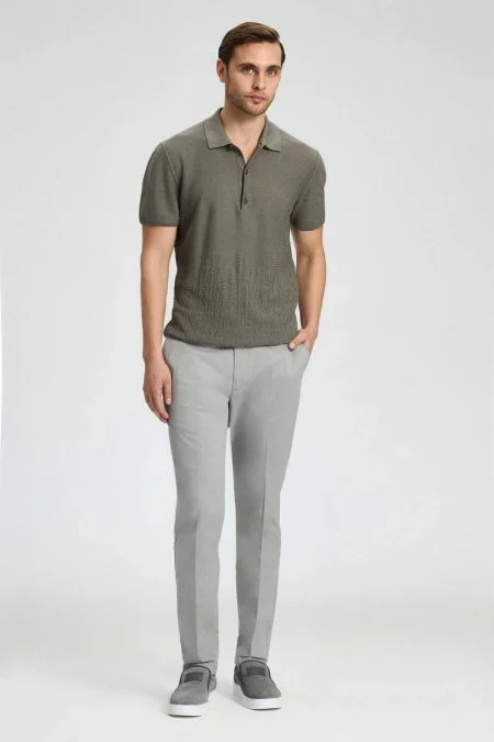 Keten Pamuk Karışım Haki Desen Triko Polo