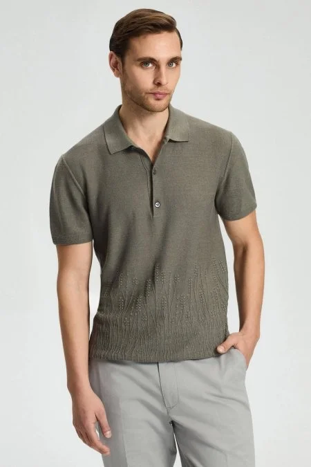 Keten Pamuk Karışım Haki Desen Triko Polo