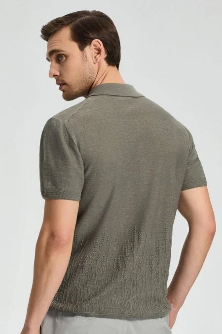 Keten Pamuk Karışım Haki Desen Triko Polo