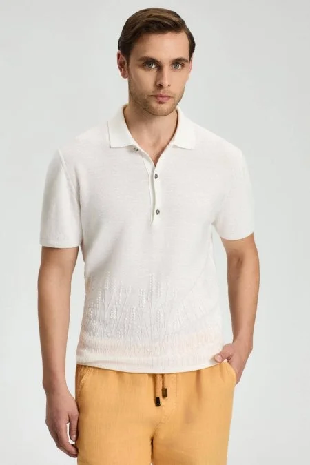 Keten Pamuk Karışım Kırık Beyaz Desen Triko Polo