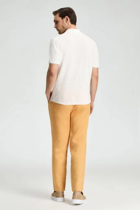 Keten Pamuk Karışım Kırık Beyaz Desen Triko Polo