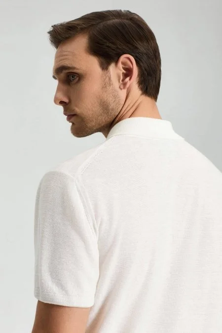 Keten Pamuk Karışım Kırık Beyaz Desen Triko Polo