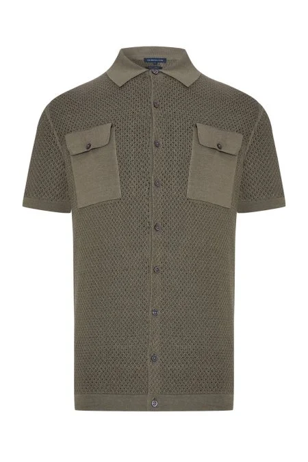 Keten Pamuk Karışım Kısa Kollu Haki Triko Gömlek