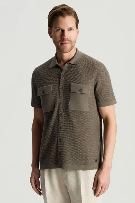 Keten Pamuk Karışım Kısa Kollu Haki Triko Gömlek