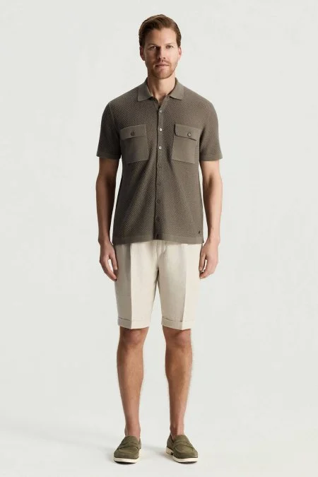 Keten Pamuk Karışım Kısa Kollu Haki Triko Gömlek