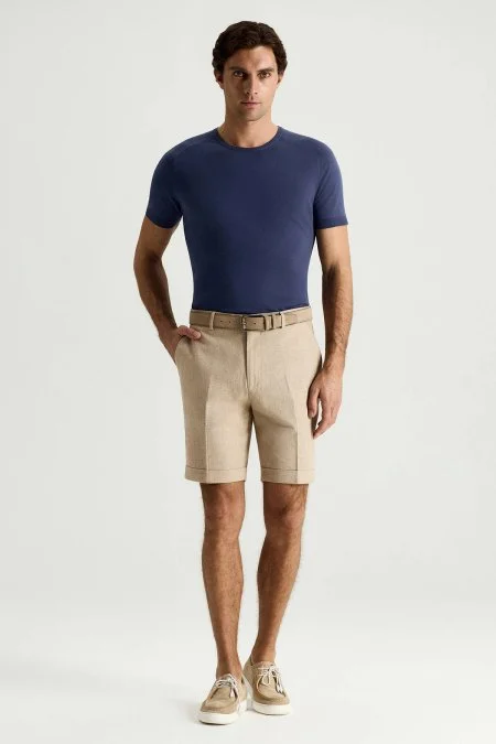 Keten Pamuk Karışım Krem Chino Şort