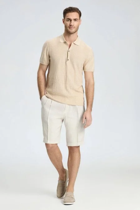 Keten Pamuk Karışım Krem Rengi Desen Triko Polo