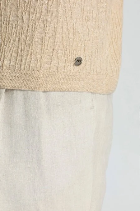 Keten Pamuk Karışım Krem Rengi Desen Triko Polo