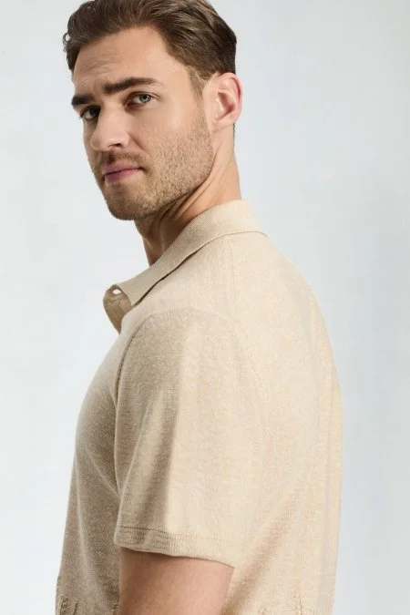 Keten Pamuk Karışım Krem Rengi Desen Triko Polo