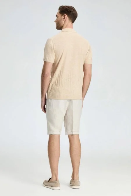 Keten Pamuk Karışım Krem Rengi Desen Triko Polo