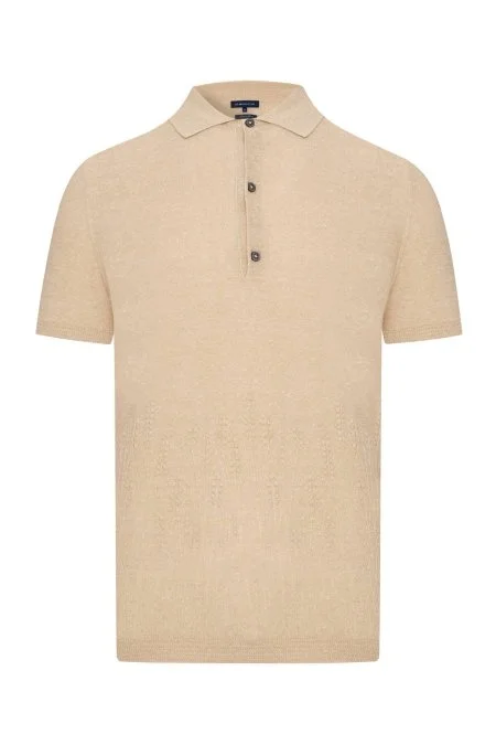 Keten Pamuk Karışım Krem Rengi Desen Triko Polo