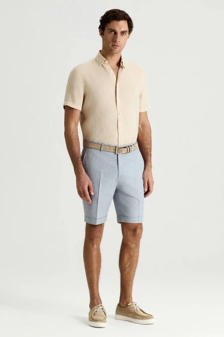 Keten Pamuk Karışım Mavi Chino Şort