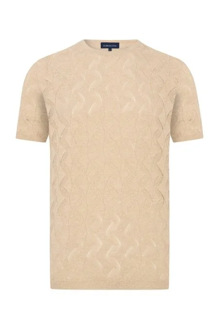 Keten Pamuk Ajur Desen Bisiklet Yaka Krem Rengi Triko T-Shirt