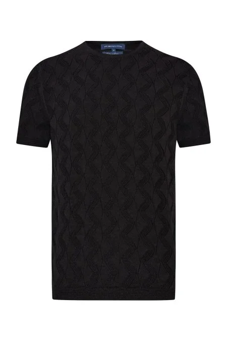 Keten Pamuk Ajur Desen Bisiklet Yaka Siyah Triko T-Shirt