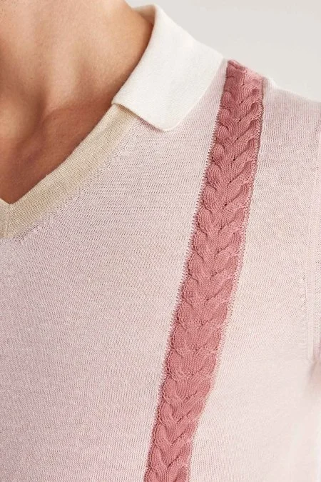 Keten Pamuk Karışım Desen Pembe Triko Polo