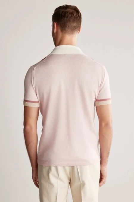 Keten Pamuk Karışım Desen Pembe Triko Polo