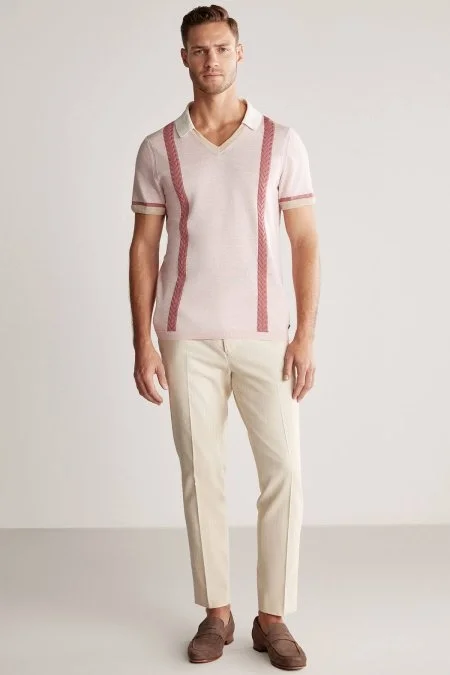 Keten Pamuk Karışım Desen Pembe Triko Polo