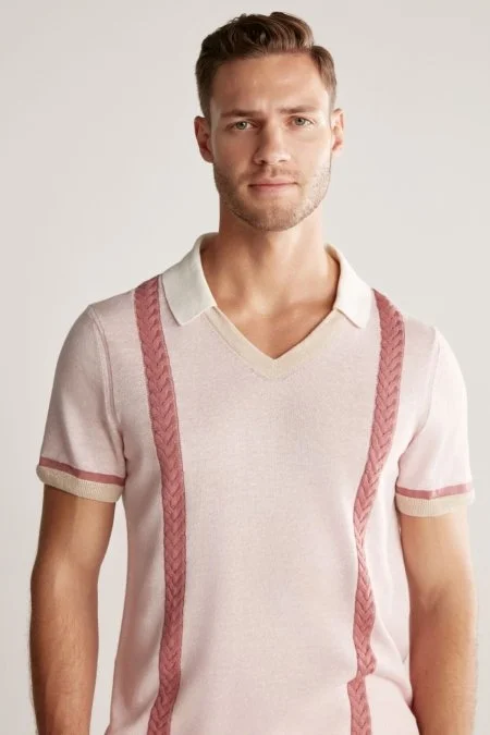 Keten Pamuk Karışım Desen Pembe Triko Polo