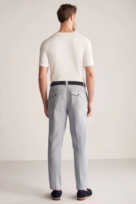 Keten Pamuk Karışım Mavi Chino Pantolon