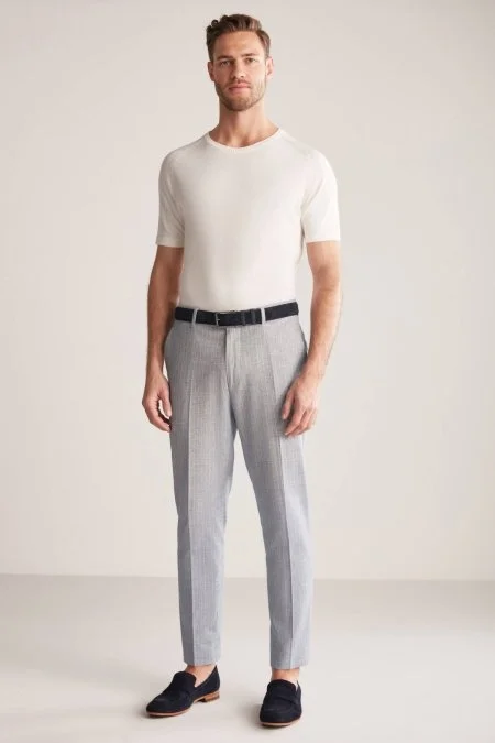 Keten Pamuk Karışım Mavi Chino Pantolon