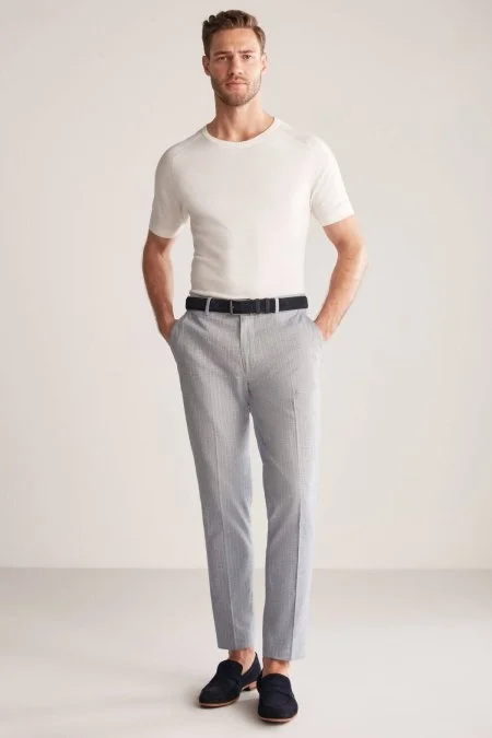 Keten Pamuk Karışım Mavi Chino Pantolon