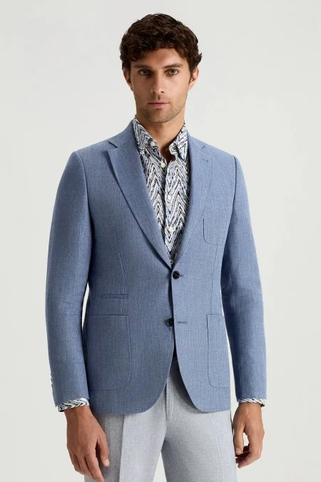 Keten Yün Karışım Açık Mavi Yazlık Blazer Ceket