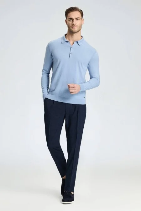 Keten Yün Karışım Lacivert Klasik Dokuma Pantolon