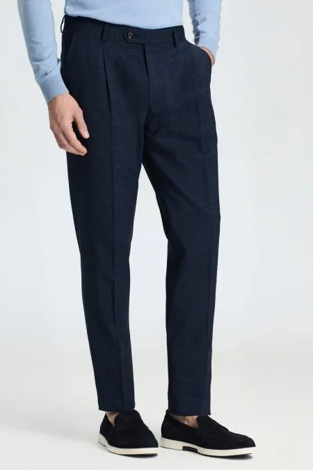 Keten Yün Karışım Lacivert Klasik Dokuma Pantolon