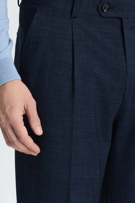 Keten Yün Karışım Lacivert Klasik Dokuma Pantolon